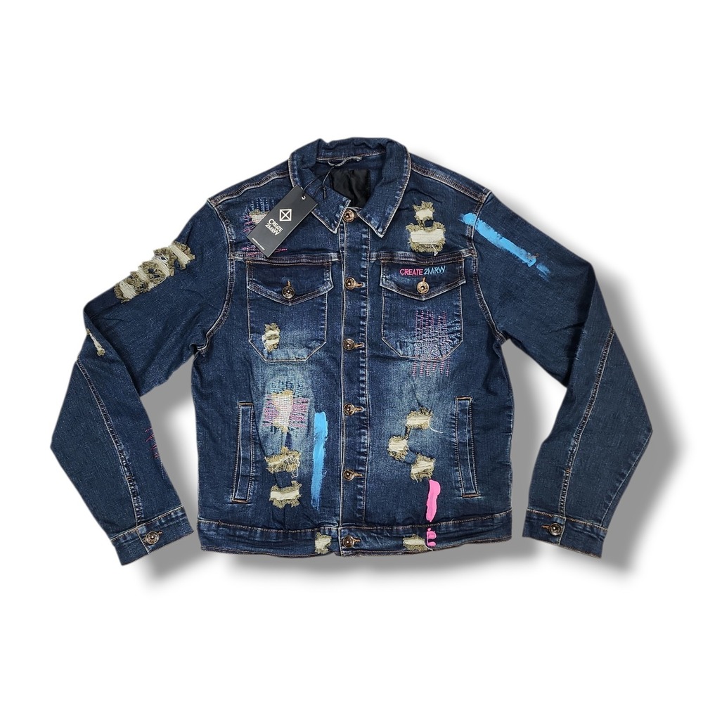 Create 2MRW Hand Painted‎ Distressed Embroidered Colored Denim Jacket Men's L